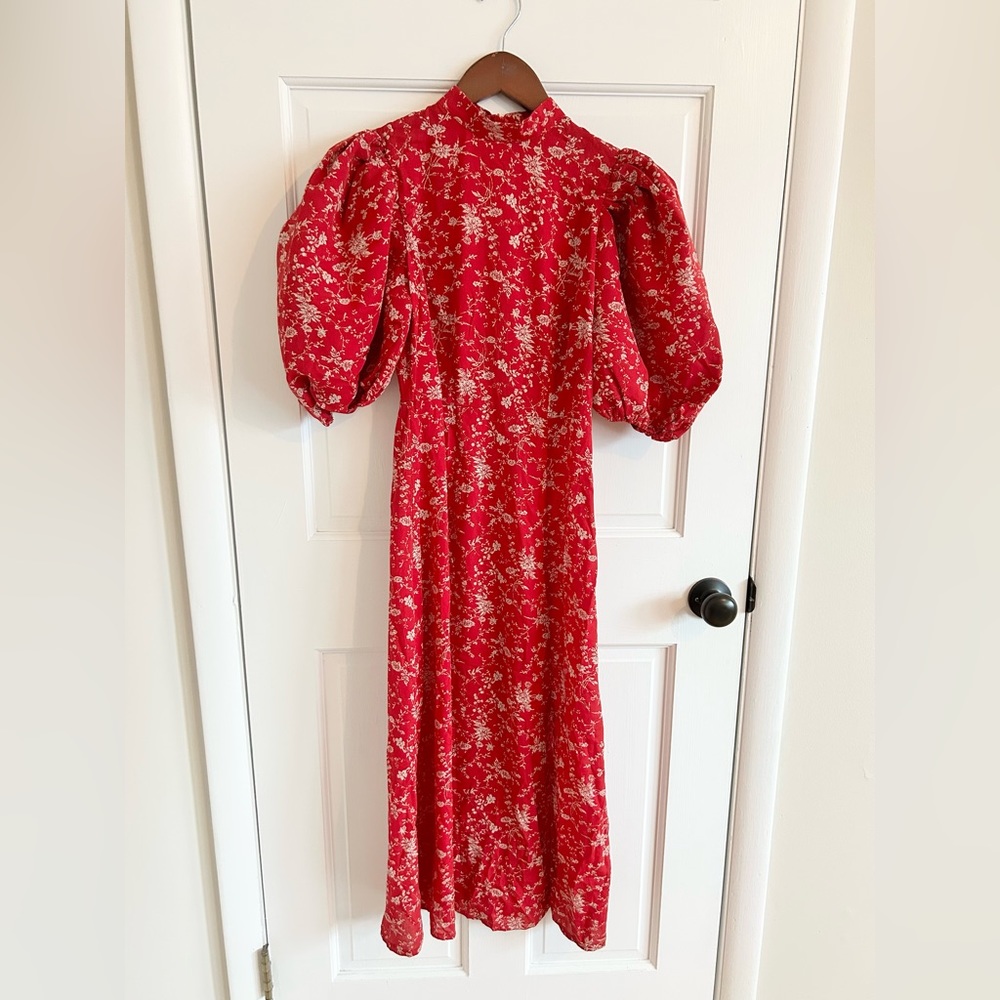 Missguided Red Floral Midi Dress with Puff Sleeves